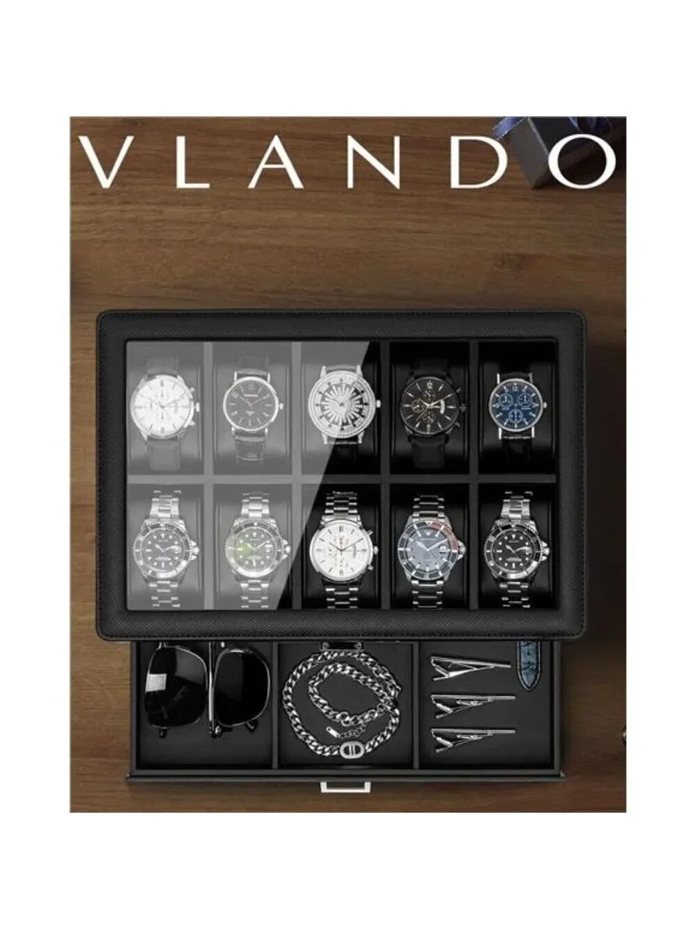 Mens Watch Box Organizer 10 Slot Leather Jewelry Case with Drawer Glass Lid